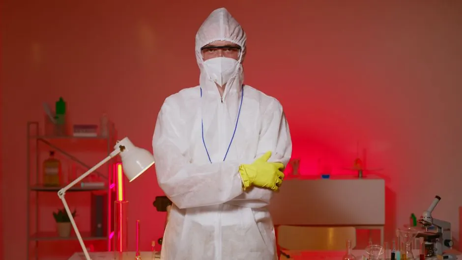 Scientist in full protective gear with folded arms in a laboratory illuminated by red lighting.